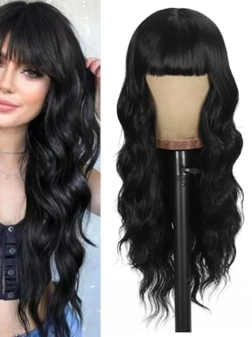 Black Wig with Bangs Long curly wavy Wigs for Women26In Synthetic Black Wig